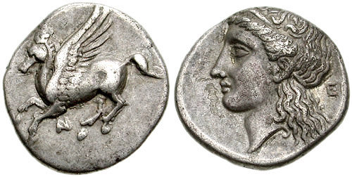 Circa 300-250 BC. AR Drachm . Pegasos flying left; AN monogram below . Head of Aphrodite left, wearing stephane